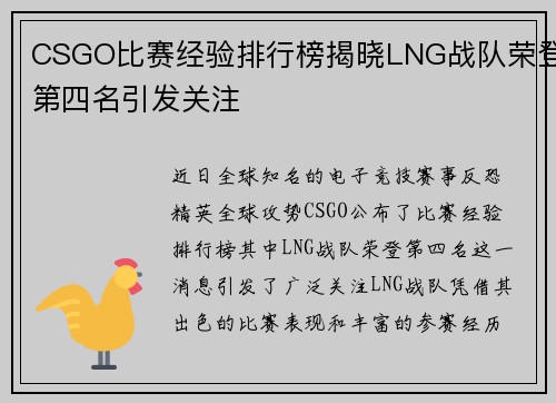 CSGO比赛经验排行榜揭晓LNG战队荣登第四名引发关注